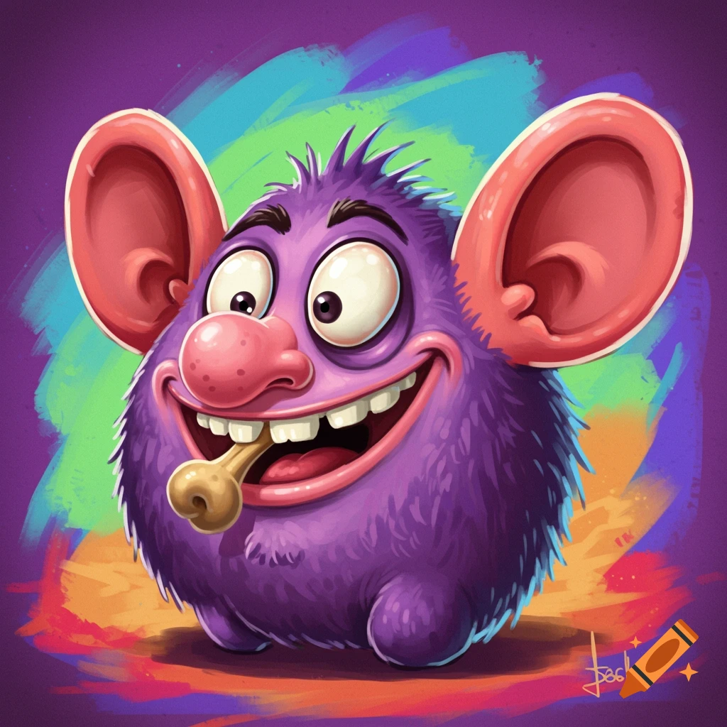 A cartoon purple monster with large ears and nose holds a bone in its mouth.