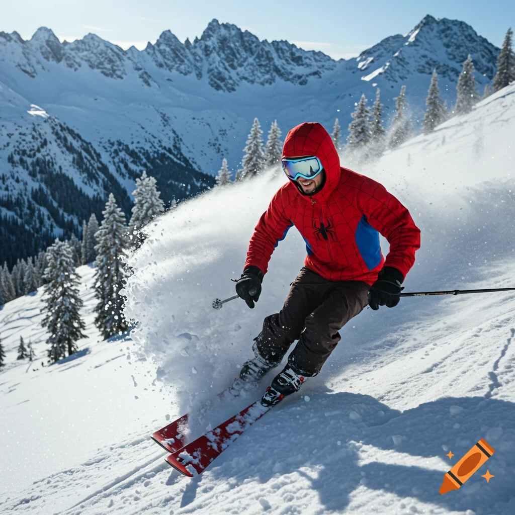 A person in a Spiderman jacket skis down a snowy mountain slope, kicking up powder.