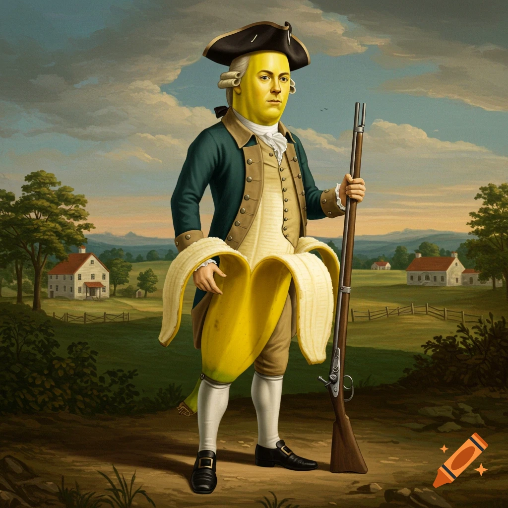 A man with a banana body wearing 1776 colonial clothes, holding a musket in a rural landscape.