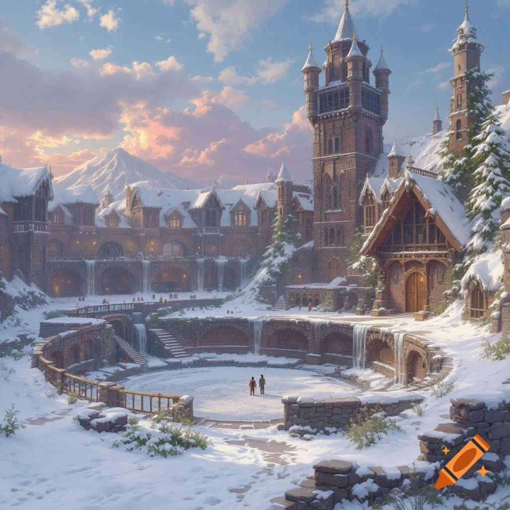 Snowy fantasy castle surrounding a frozen courtyard with waterfalls and two small figures.