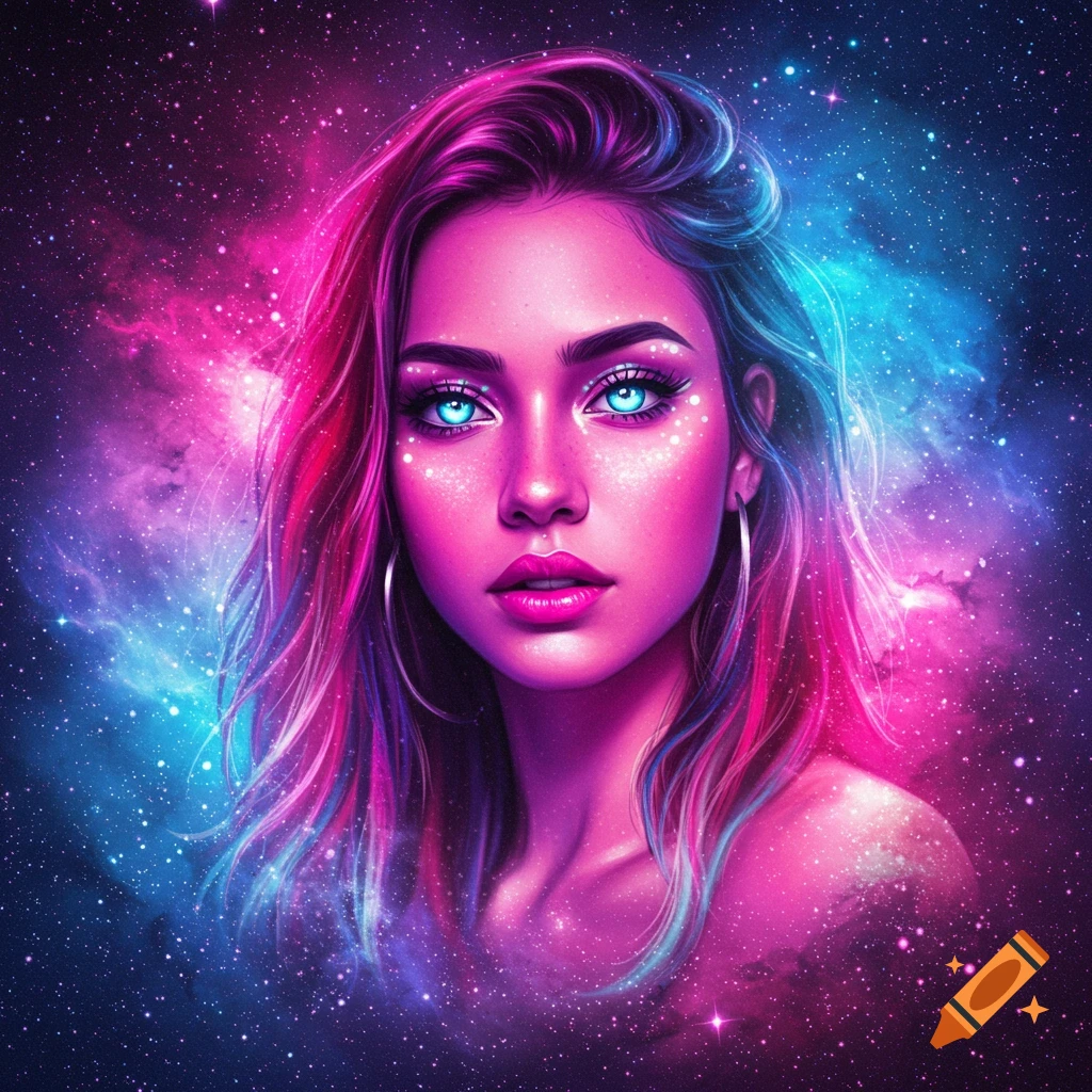 Digital portrait of a woman with colorful pink and blue hair against a starry nebula background.