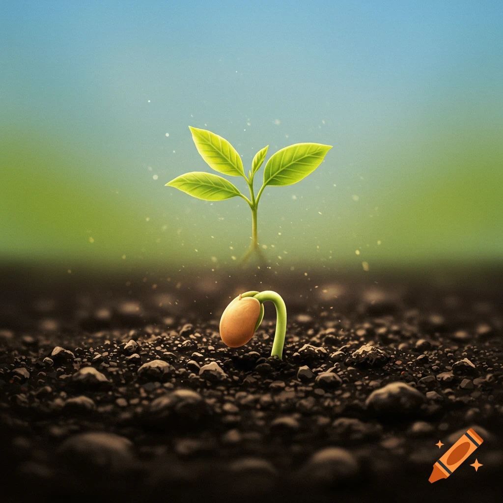 A seed sprouts in dark soil, with a young plant with green leaves growing above it.
