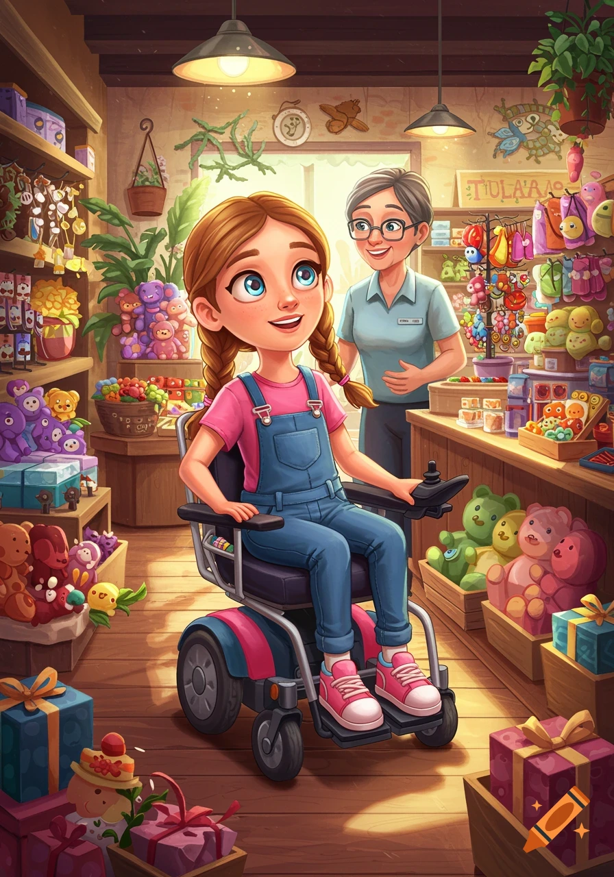 Young girl in power wheelchair smiles while shopping in a colorful gift shop with an assistant