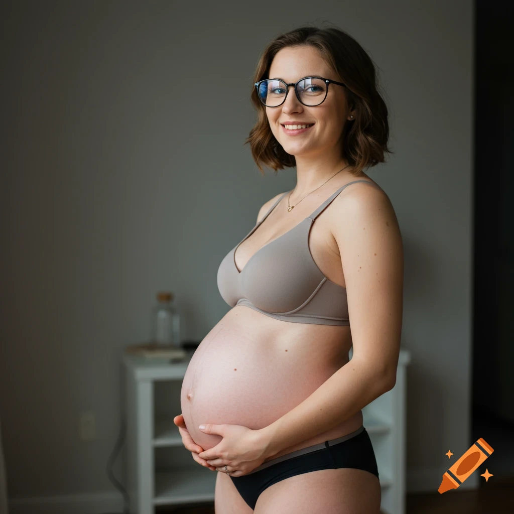 A smiling pregnant woman in glasses, bra, and underwear stands indoors, holding her belly.