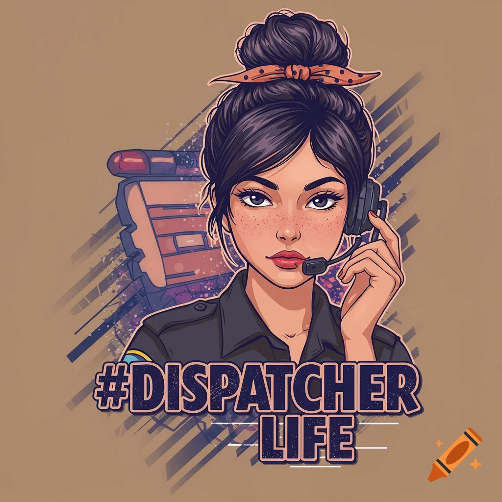 Illustration of a woman with a bun and headset, with the text #DISPATCHER LIFE.