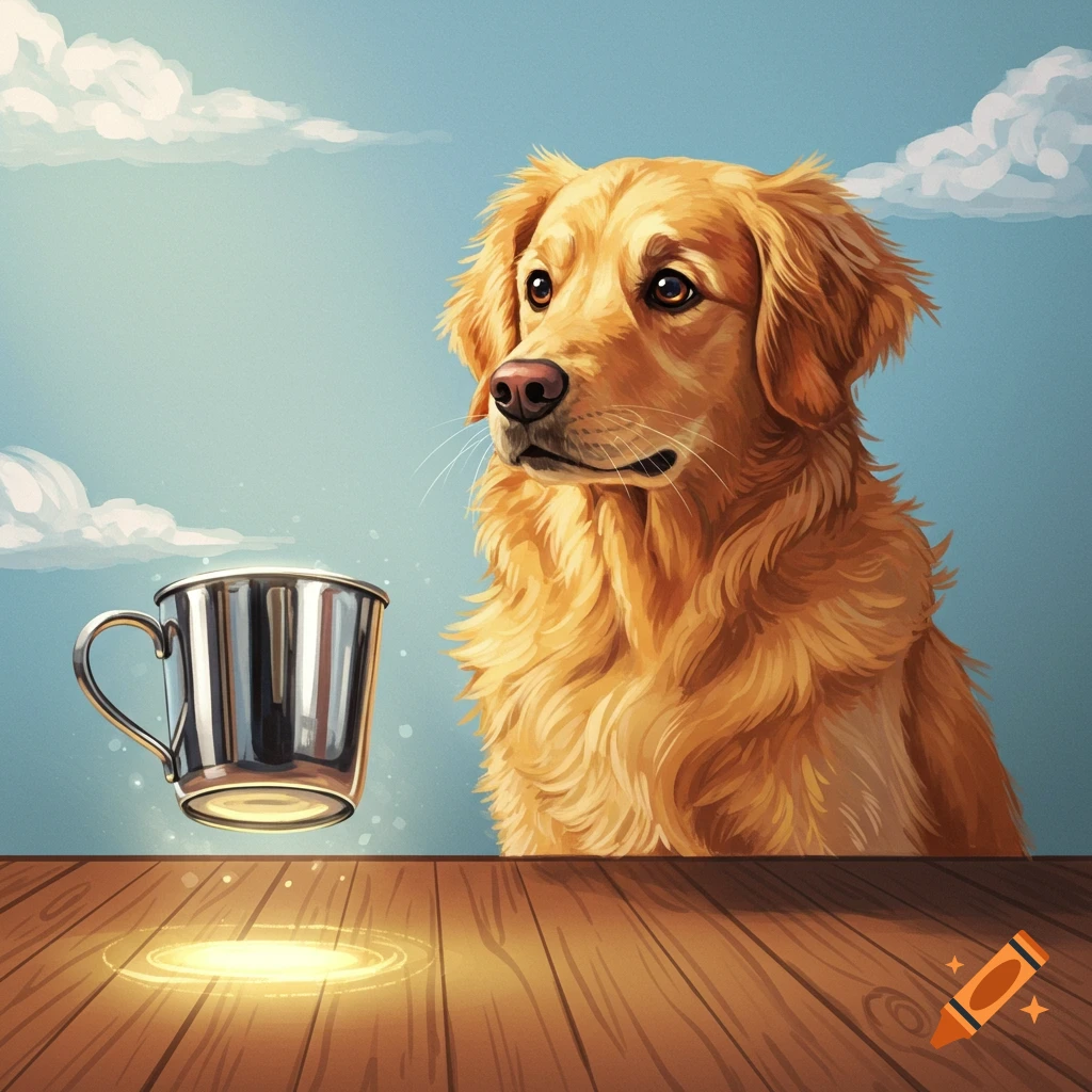 A golden retriever dog is using telekinesis to lift a metal cup over a wooden table.