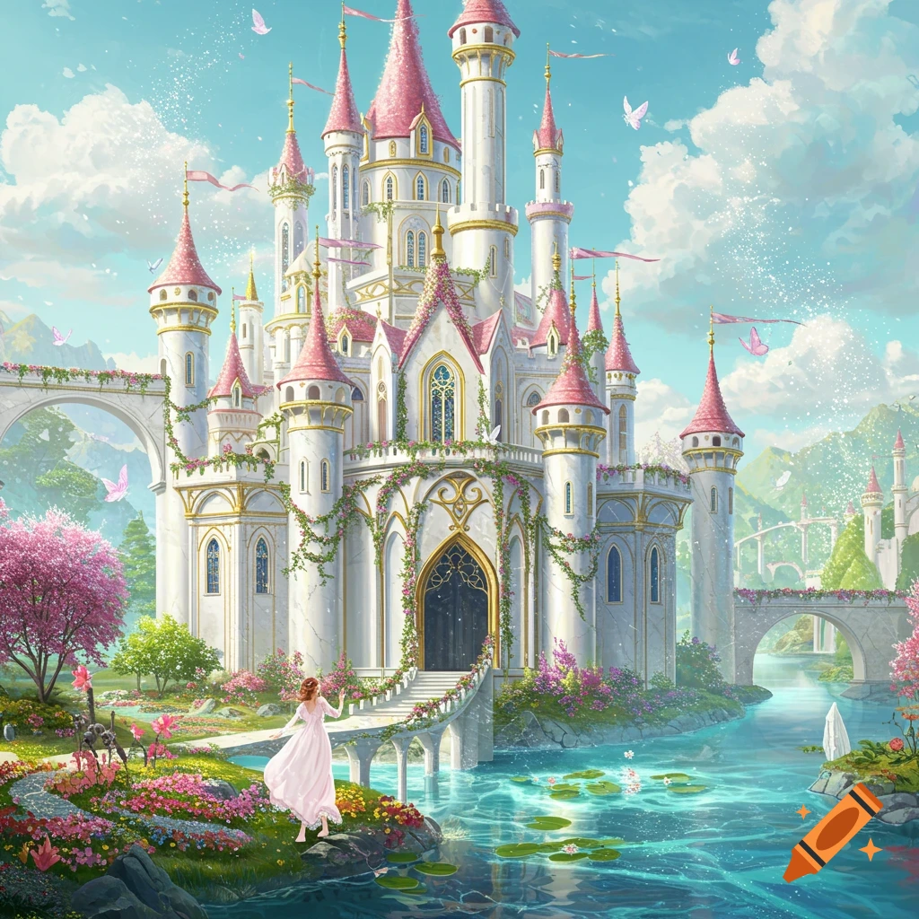 A fairytale castle stands beside a lake with a person on a path, surrounded by flowers, trees, and butterflies.