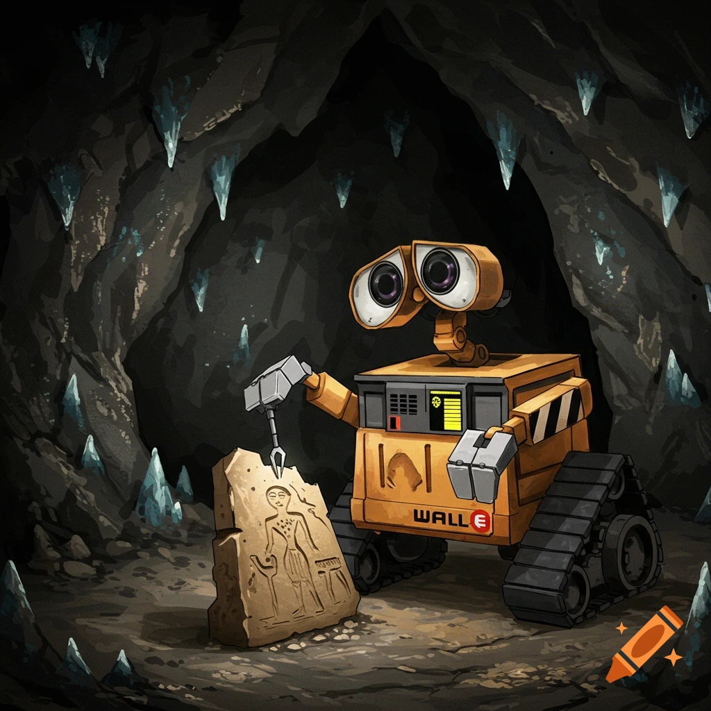 A WALL-E like robot inspecting a carved rock artifact in a cave.
