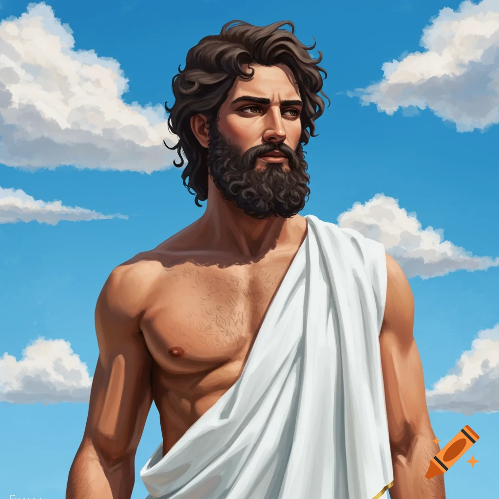 A man with a beard wearing a white toga looks to the right, set against a backdrop of a cloudy blue sky.
