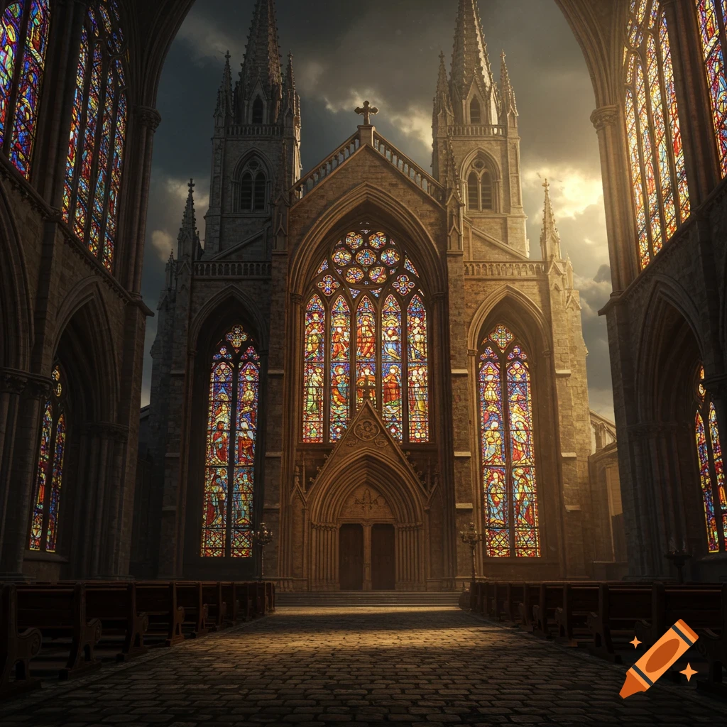 Interior of a gothic church with stained glass windows and sunlight