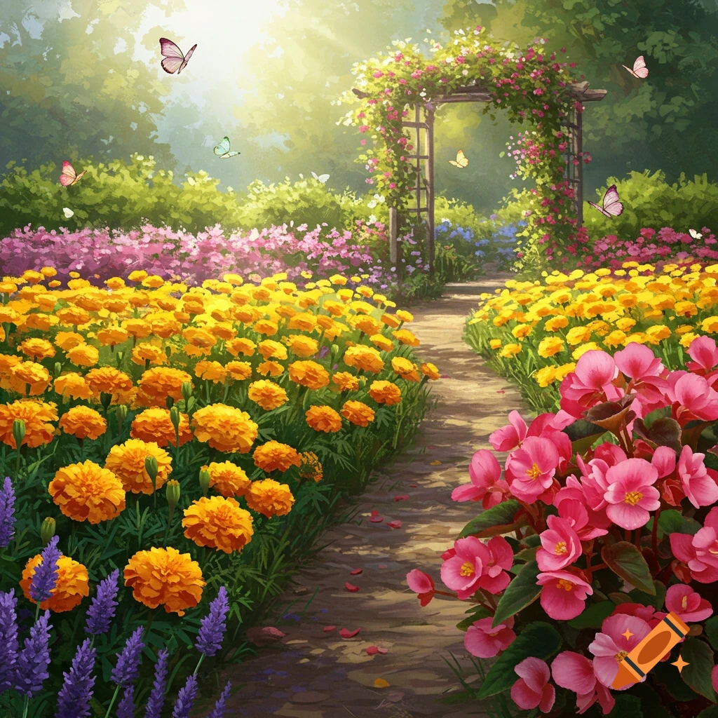 A sunny garden path lined with colorful flowers and butterflies leading to a flowered archway.