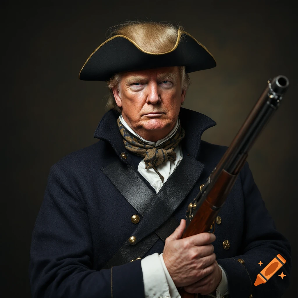 Photorealistic portrait of Donald Trump in a revolutionary war uniform holding a musket.