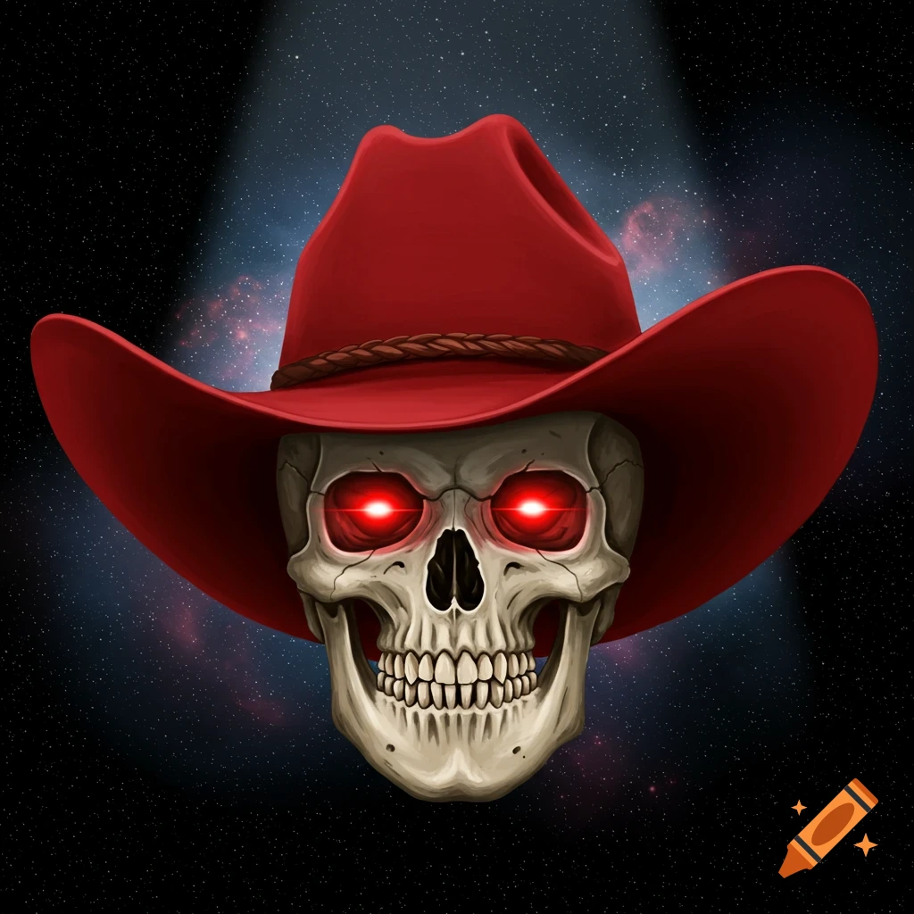 A skull with glowing red eyes wearing a red cowboy hat against a space background.