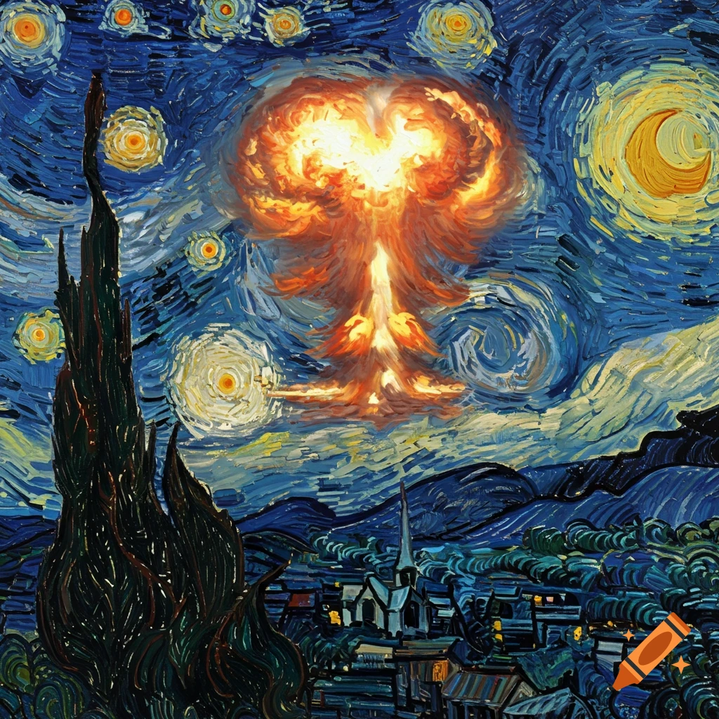 A painting in the style of Van Gogh's Starry Night, featuring a large nuclear explosion mushroom cloud in the sky.