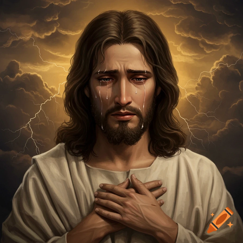 Image of Jesus crying with hands over his heart against a stormy, lightning-filled sky.