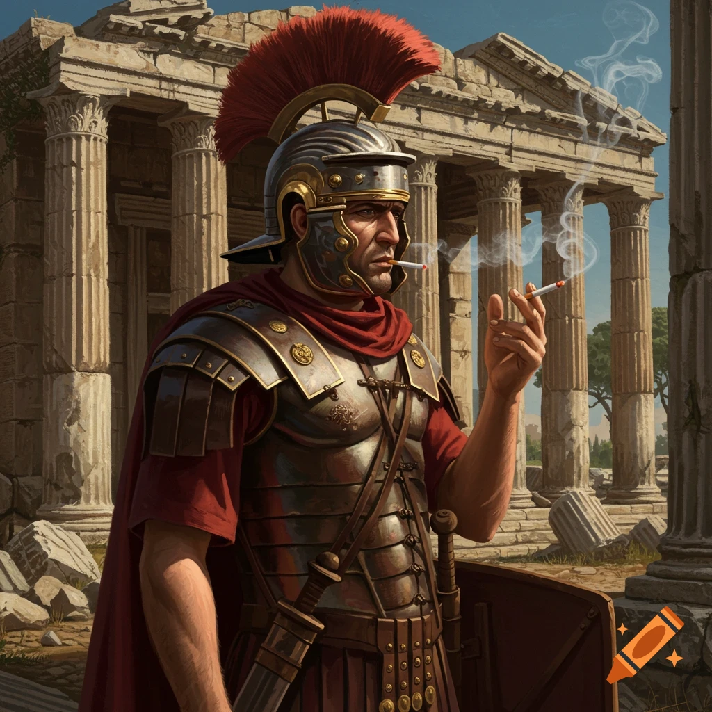 A Roman soldier in armor smoking a cigarette in front of ancient temple ruins.