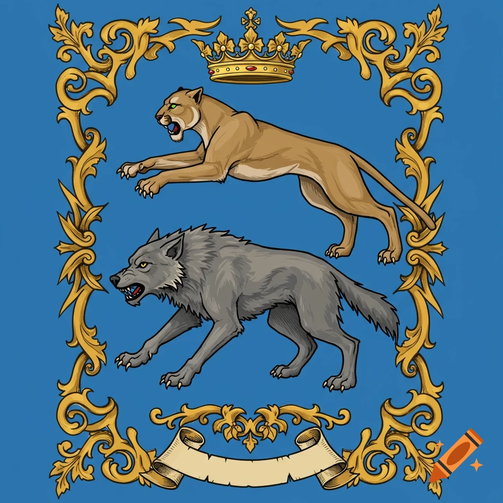 Heraldic illustration of a wolf and a puma in a gold frame with a crown and banner.