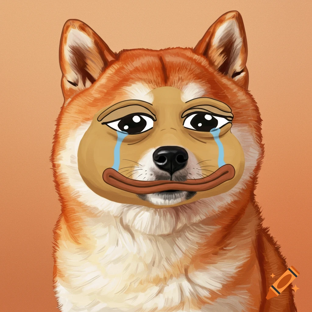 A Shiba Inu with a sad Pepe face