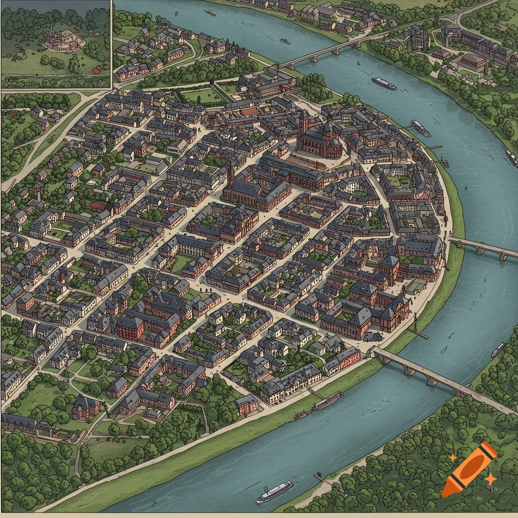 A detailed, stylized bird's-eye view illustration of a historical city layout along a river.