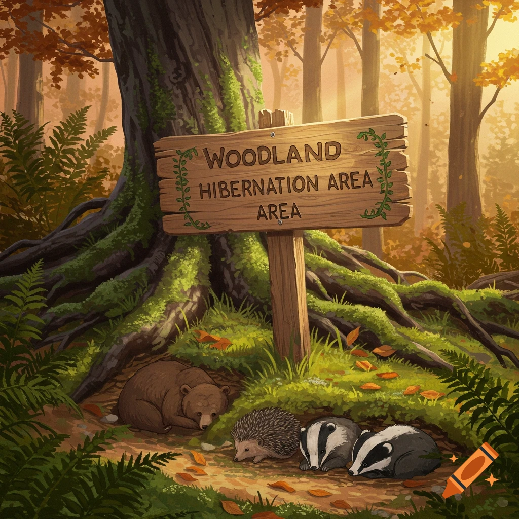 Woodland animals hibernating near a sign.