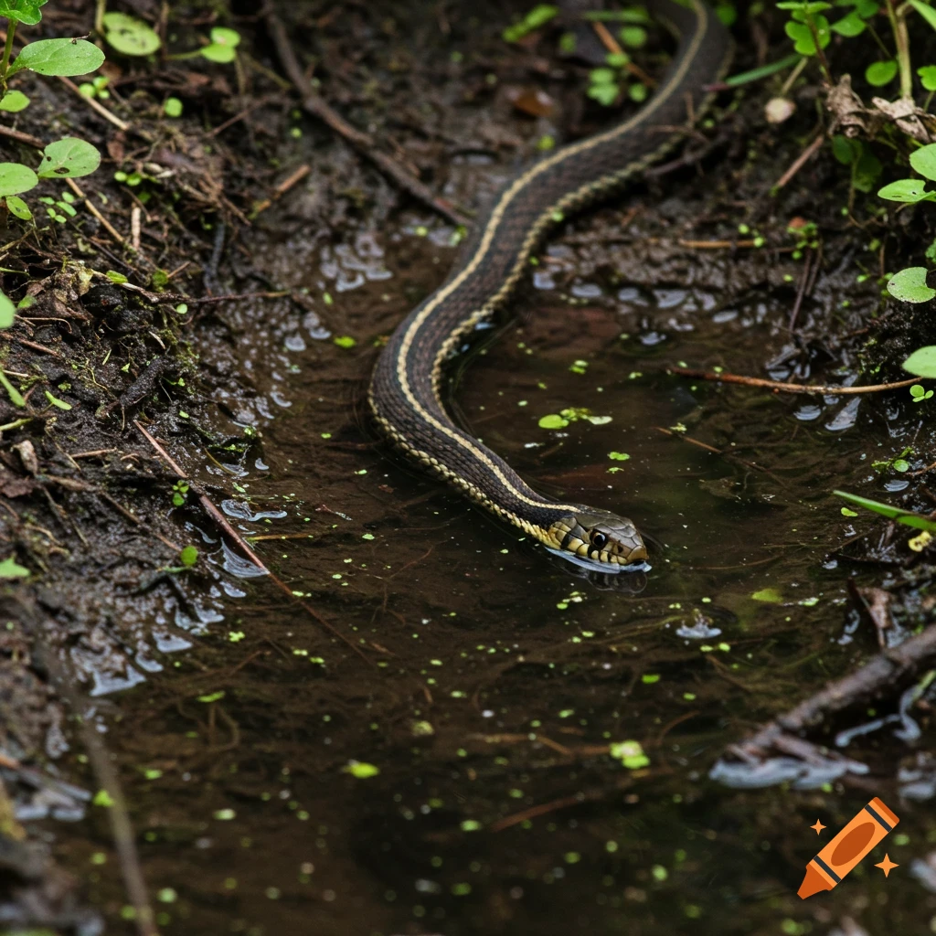 A garter snake is partially submerged in dark, muddy water.