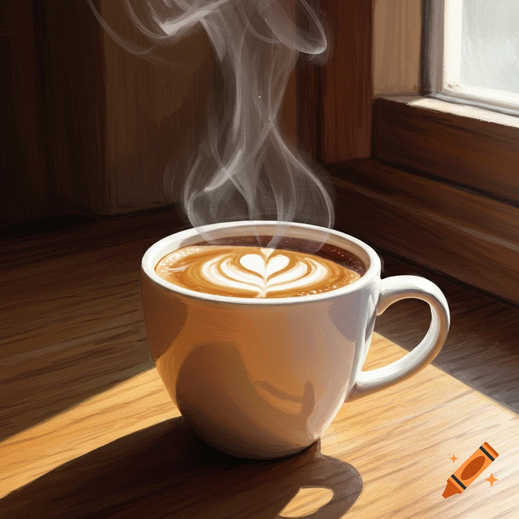 A cup of coffee with latte art and steam on a sunlit table.