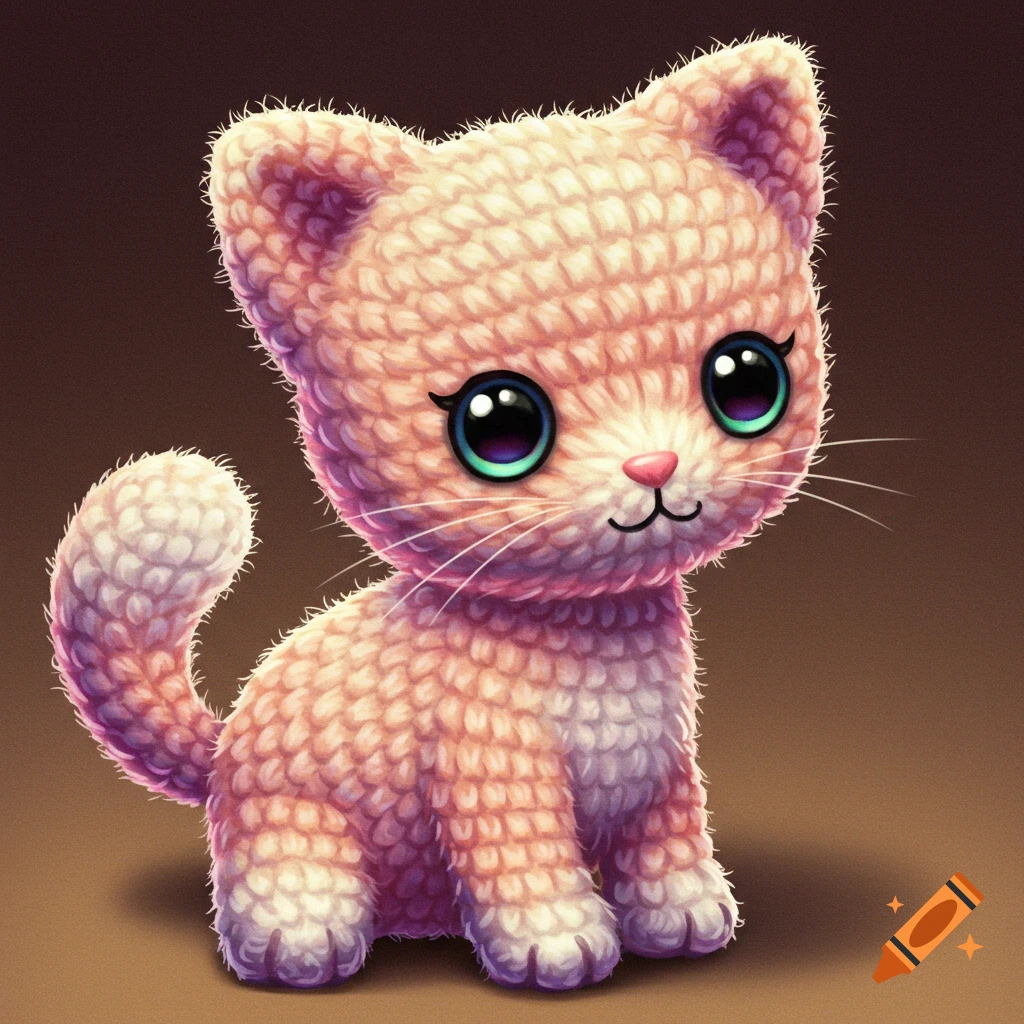 A cute pink crochet kitten sits and looks forward.