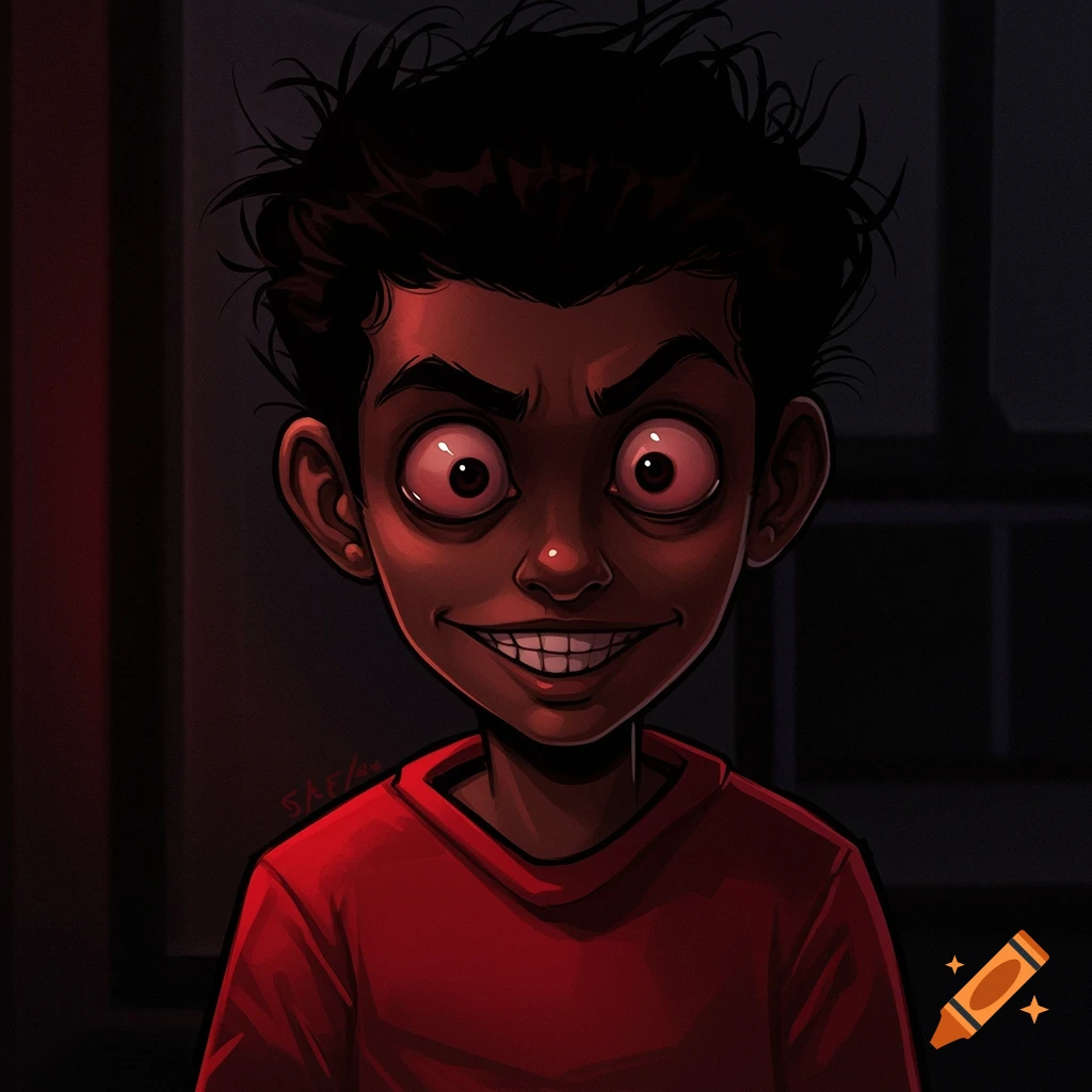 Cartoon illustration of a dark-skinned boy with wide red eyes and a creepy smile, wearing a red shirt.
