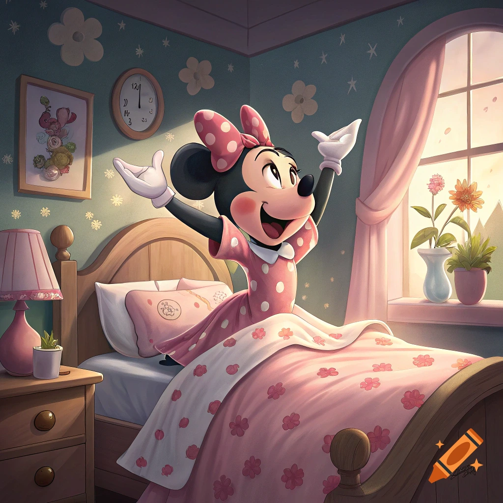 Minnie Mouse stretches, waking up in her sunlit bedroom bed.
