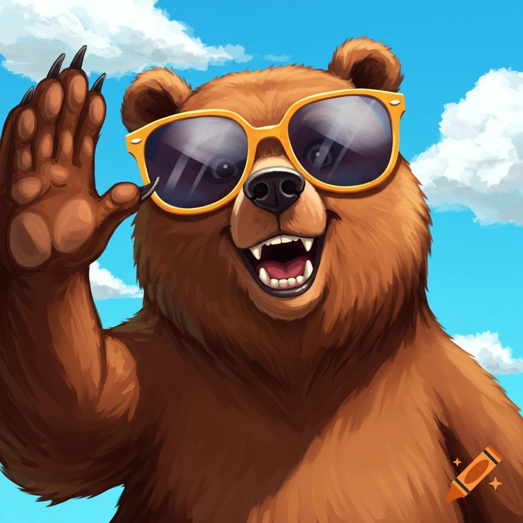 Cartoon bear wearing sunglasses and waving.