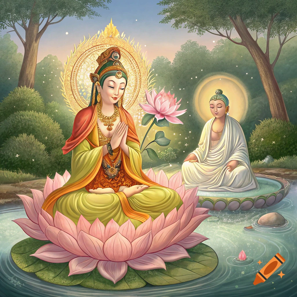 Goddess Tara and Buddha meditating on lotus flowers in a pond with trees and sunrise light. Digital illustration.