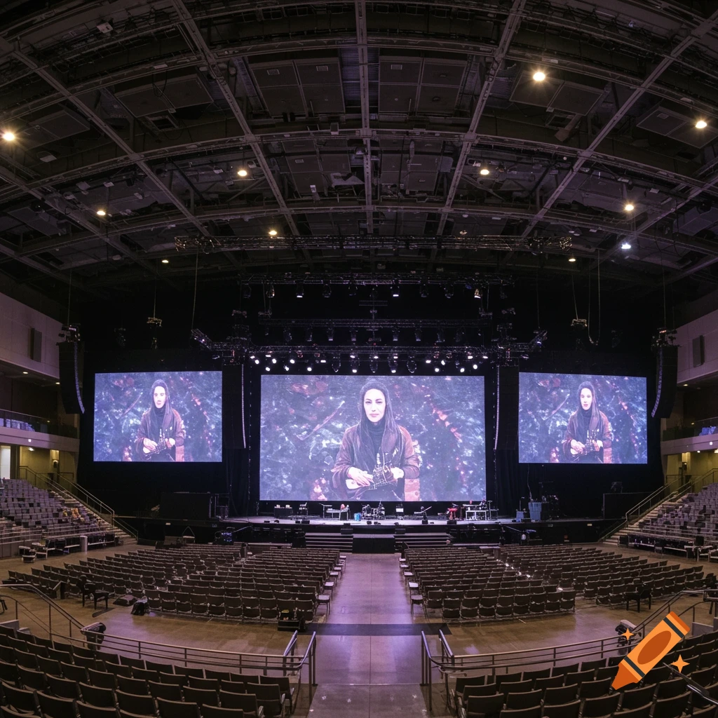 A wide shot of a large, empty convention hall with rows of seats, a stage, and three large screens showing a person.