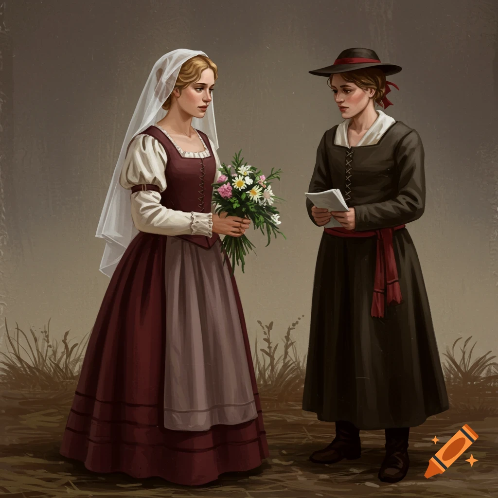 A bride with a bouquet is talking to another woman holding paper in historical clothing.