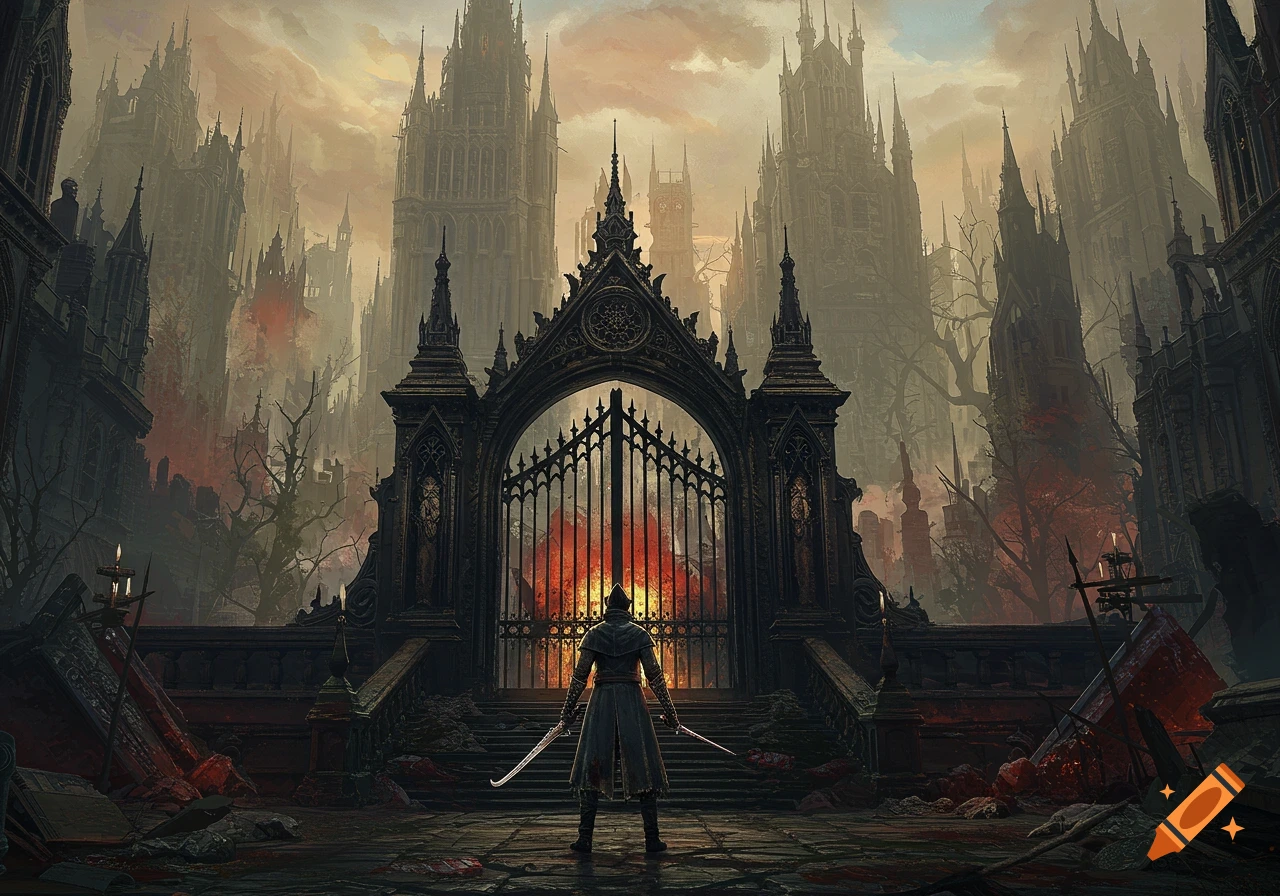 A figure with swords stands before a gothic gate in a ruined city.