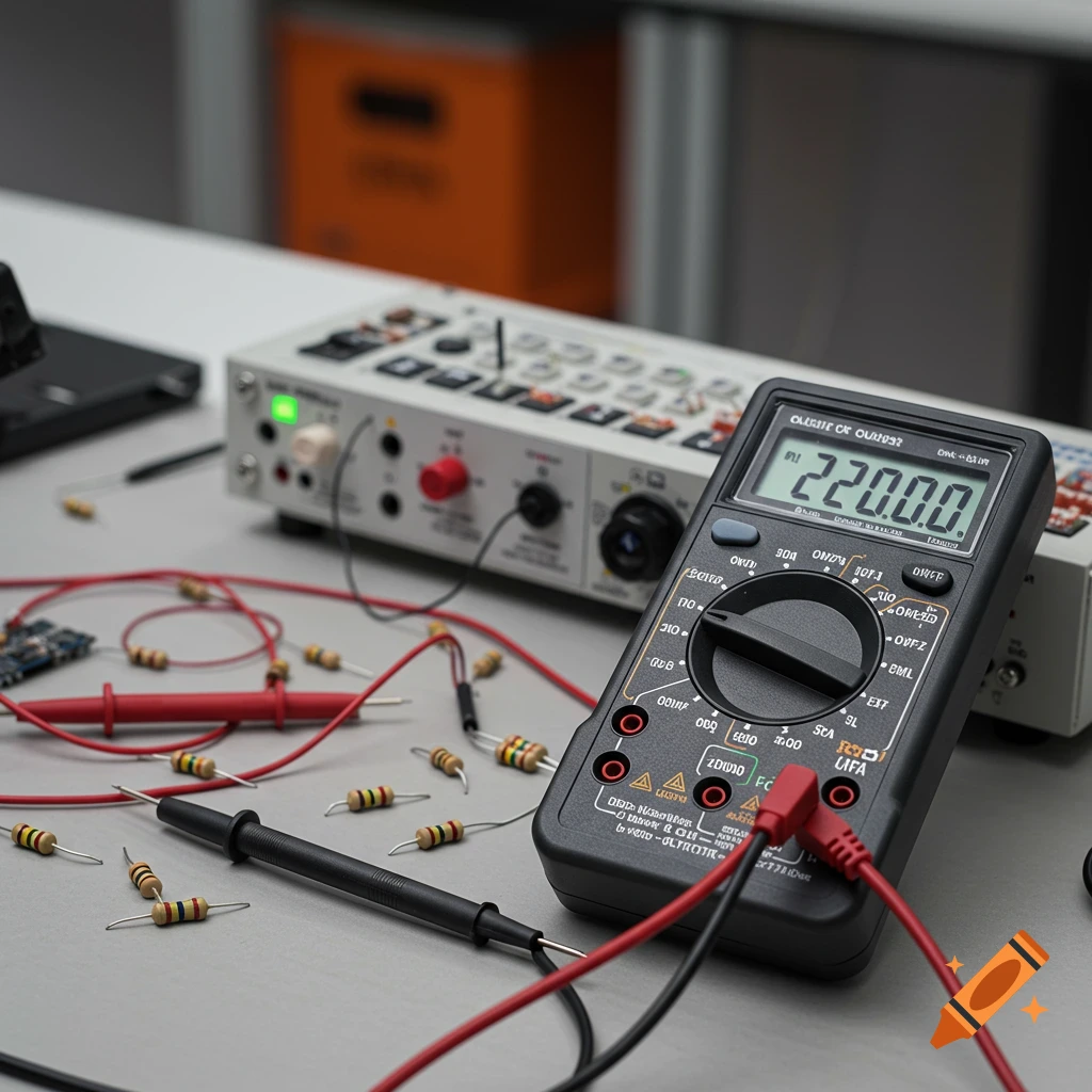 A multimeter, resistors, and lab equipment on a table.