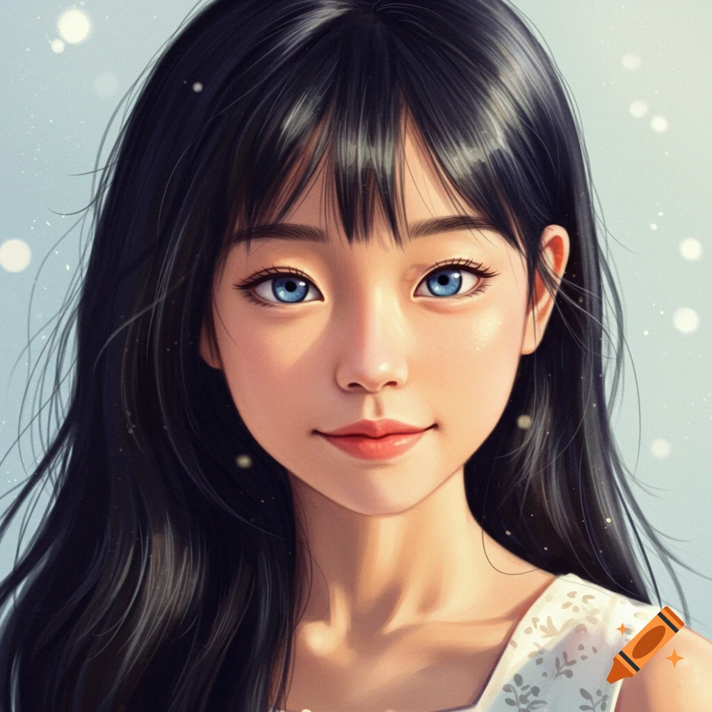 A young girl with blue eyes and black hair.