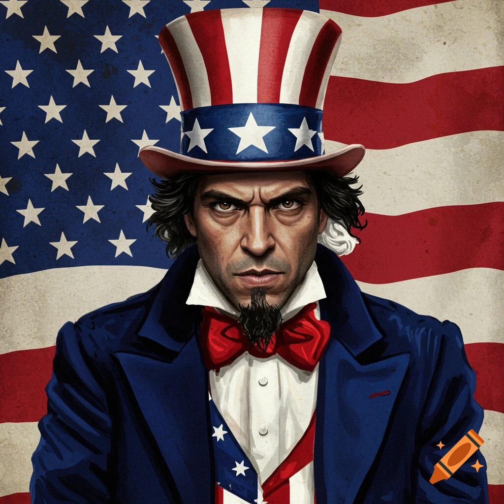 Uncle Sam with a goatee and stern face in front of an American flag.