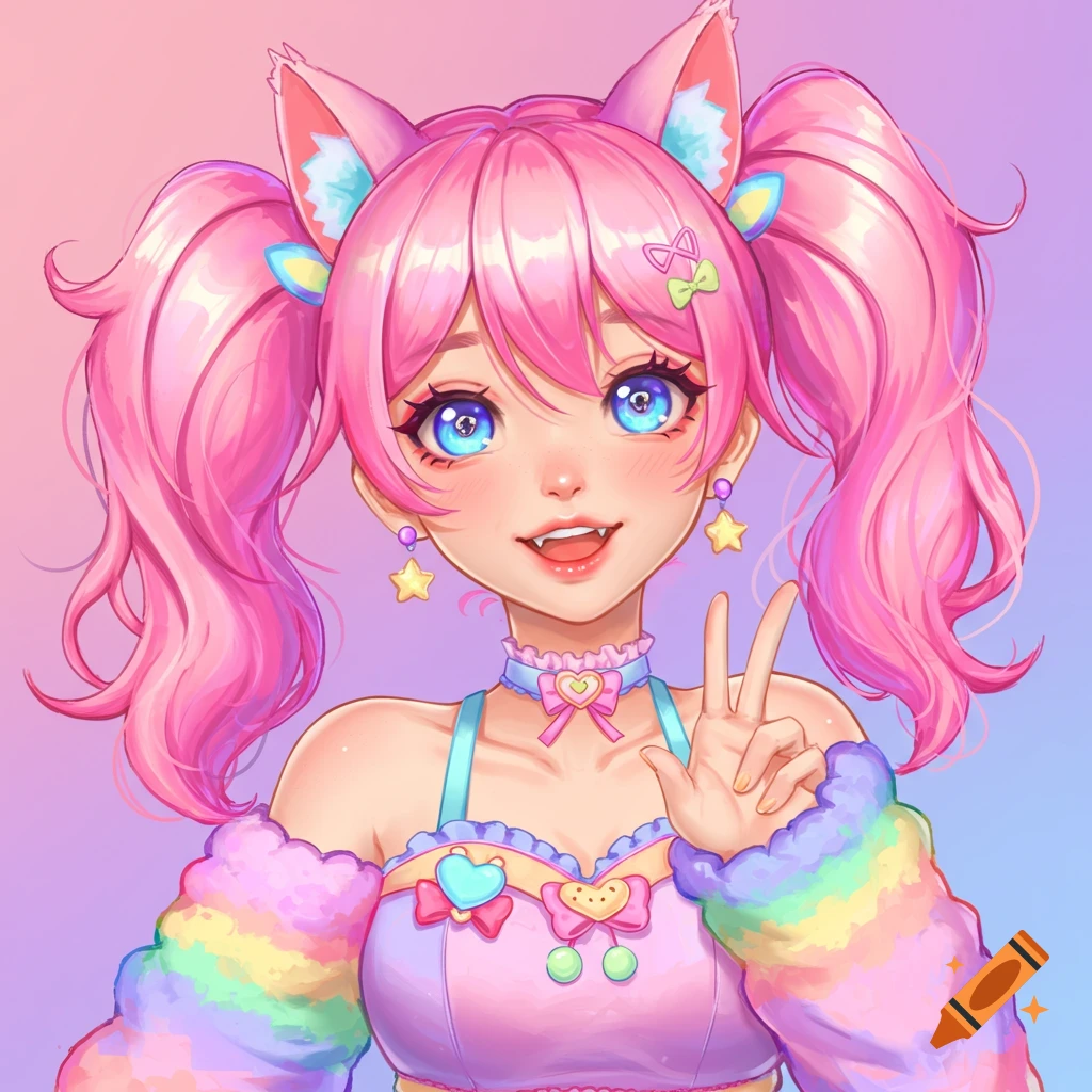 Cute anime girl with pink hair, cat ears, colorful outfit, giving peace sign