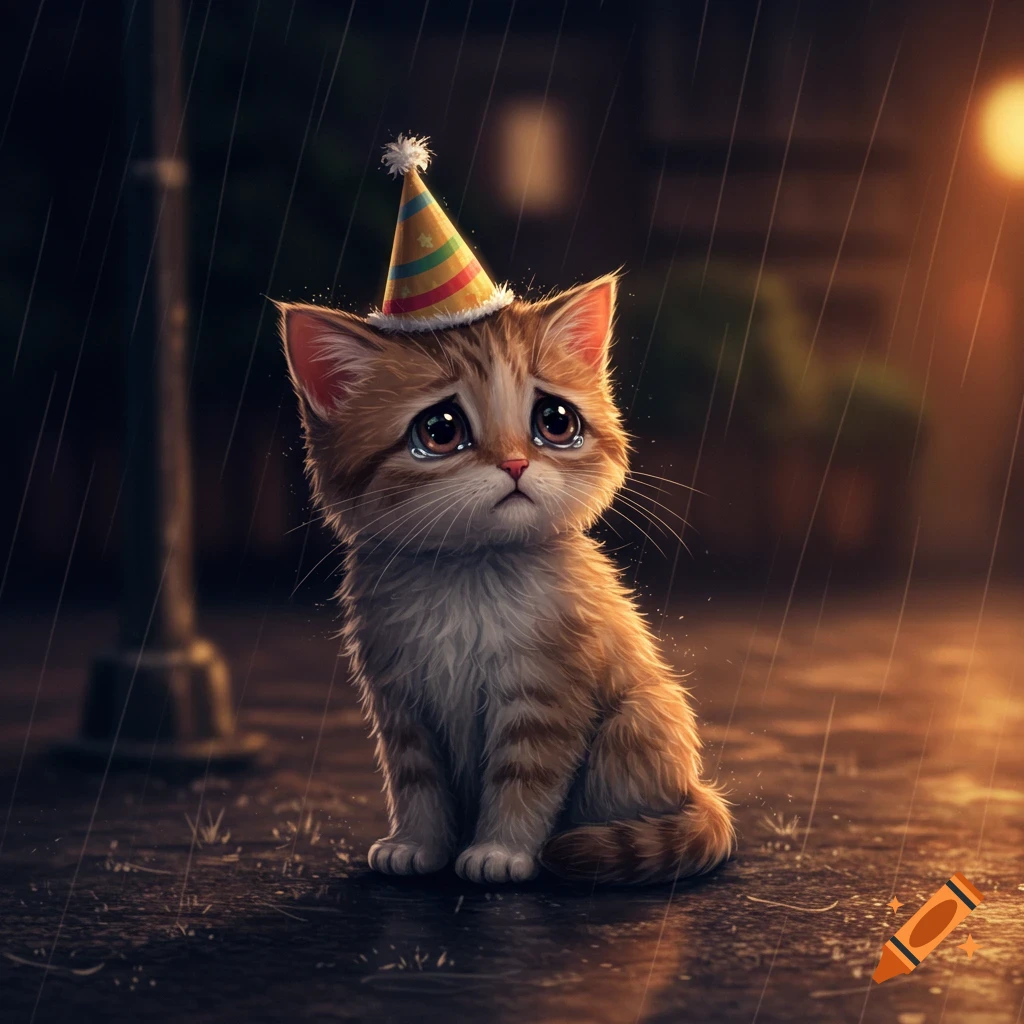 A sad, wet kitten wearing a small party hat sits alone on a rainy street at night in a cute digital illustration.