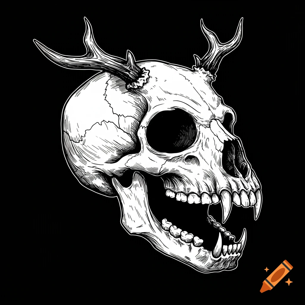 Black and white line art of a skull with antlers.