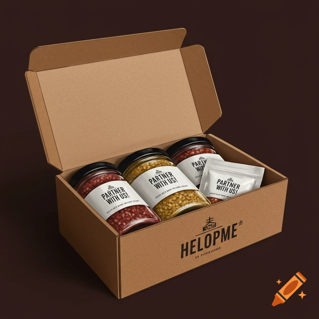 An open cardboard box contains three jars and one small packet of spices, each labeled "Partner with us!" The box has a logo and "HELOPME" printed on the front.