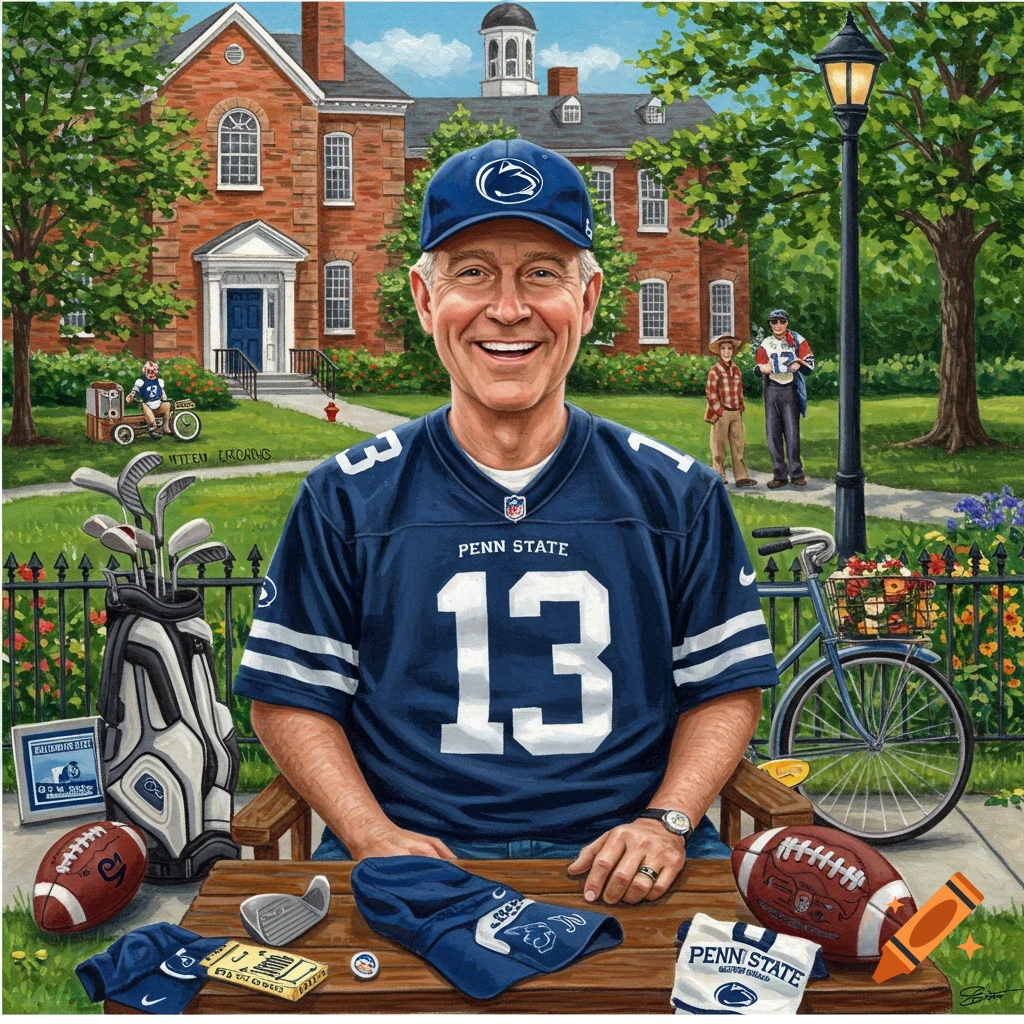 A man in a Penn State football jersey sits on a bench on campus, surrounded by a golf bag and footballs.