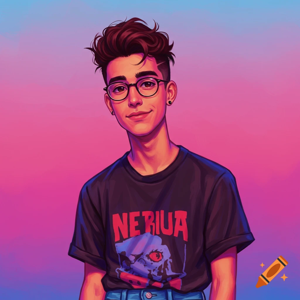 A young person with glasses and a t-shirt against a gradient background