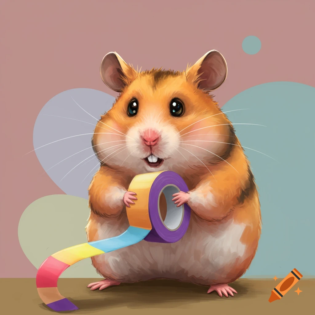 A cute hamster holding a roll of colorful tape.