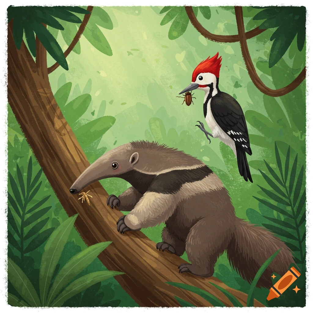An anteater is on a log and a woodpecker is holding an insect in a forest.