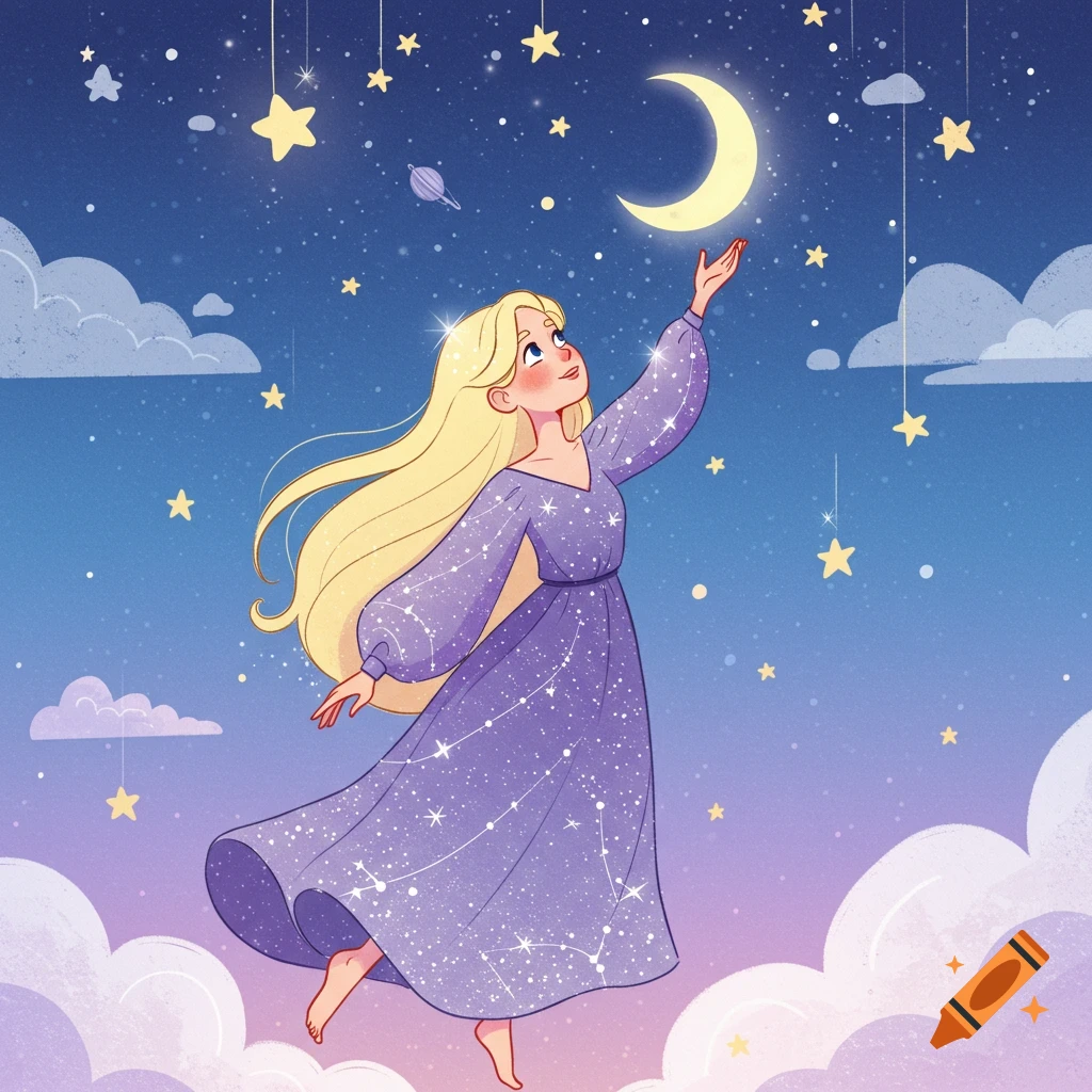 Cartoon illustration of a girl in a purple dress reaching for the moon and stars in a night sky.