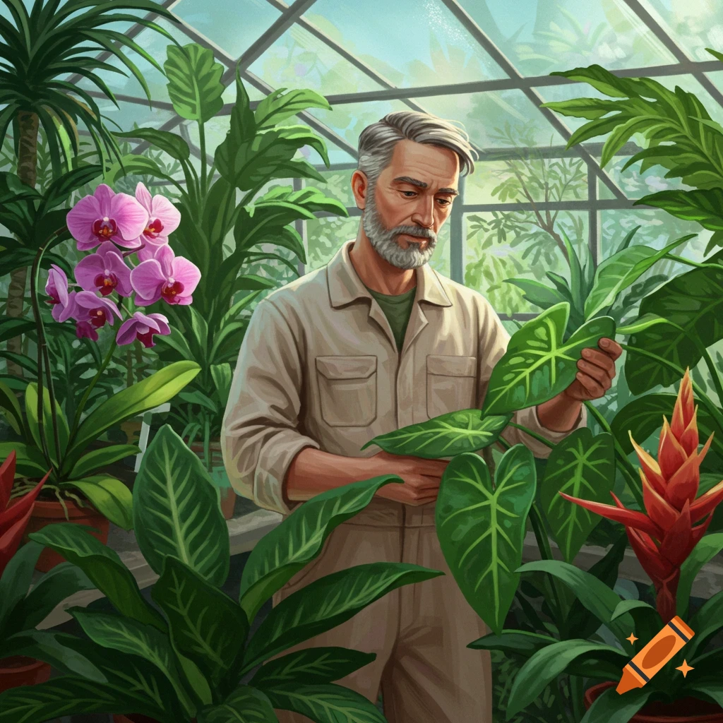 A man examining a plant leaf in a greenhouse surrounded by various plants and flowers.