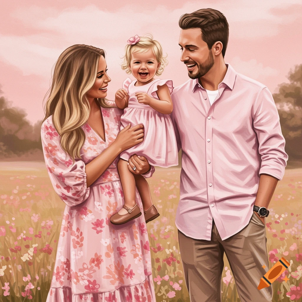 A happy family in a field of pink wildflowers