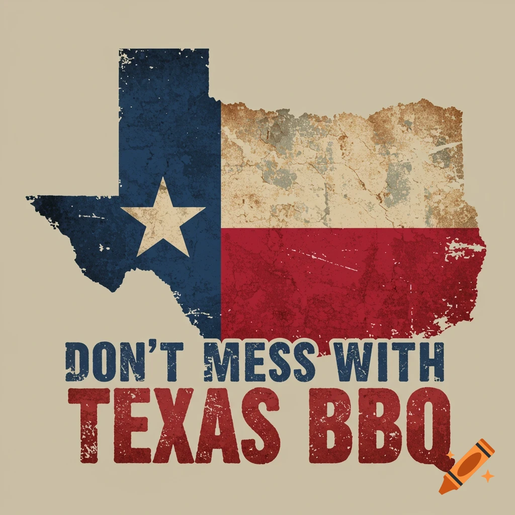 Distressed map of Texas with the Texas flag pattern and the text 'DON'T MESS WITH TEXAS BBQ'.