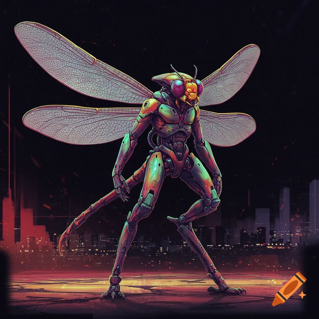 A bipedal dragonfly mech standing before a stylized city skyline at night.